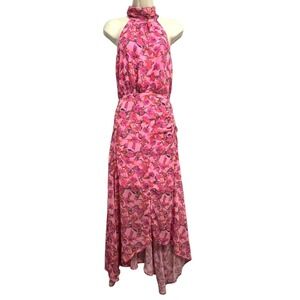 Dee Elly Dress Womens Large Pink Floral Halter Maxi Hi Low Ruched Sundress Party